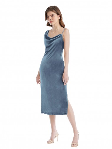 Discount One Shoulder Stretch Velvet Dusty Blue Long Maxi Evening Dress UK