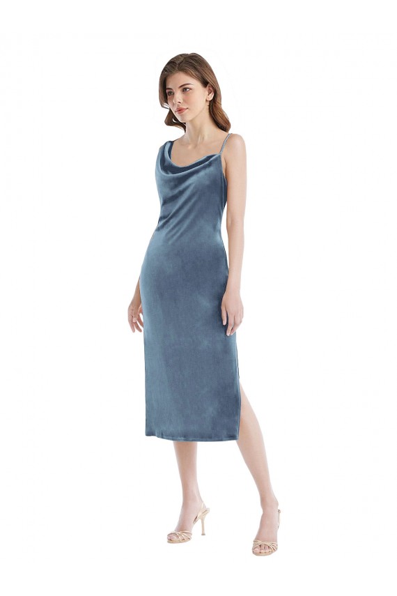 Discount One Shoulder Stretch Velvet Dusty Blue Long Maxi Evening Dress UK