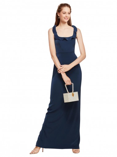 Discount Low Back Scoop Neck Stretch Crepe Dark Navy Long Evening Dress UK