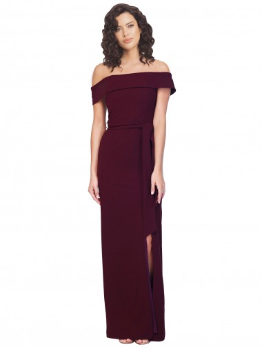 Discount Low Back Off the Shoulder Stretch Crepe Burgundy Gold Long Evening Dress UK