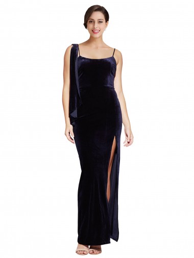 Discount Low Back Spaghetti Straps Stretch Velvet Dark Navy Long Evening Dress UK