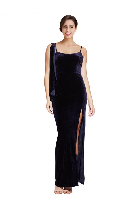 Discount Low Back Spaghetti Straps Stretch Velvet Dark Navy Long Evening Dress UK