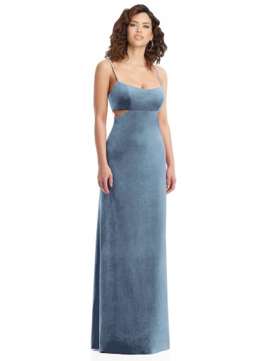 Discount Low Back Square Neck Stretch Velvet Dusty Blue Long Maxi Evening Dress UK