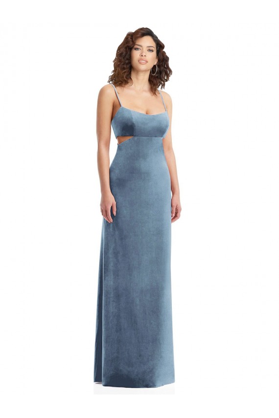 Discount Low Back Square Neck Stretch Velvet Dusty Blue Long Maxi Evening Dress UK