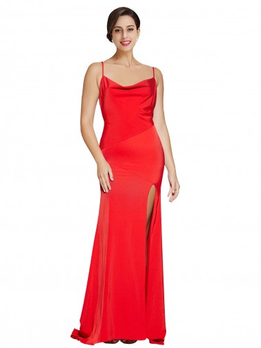 Discount Low Back Cowl Neck Stretch Satin Red Long Evening Dress UK