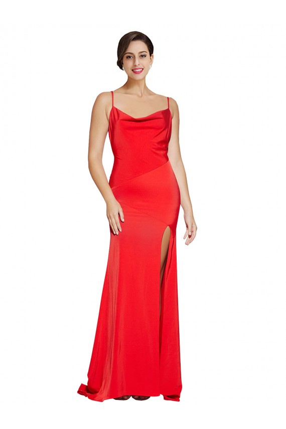 Discount Low Back Cowl Neck Stretch Satin Red Long Evening Dress UK