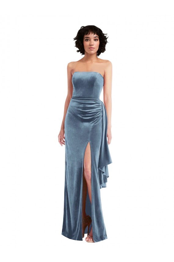 Discount Low Back Strapless Stretch Velvet Dusty Blue Long Maxi Wedding Party Dress UK