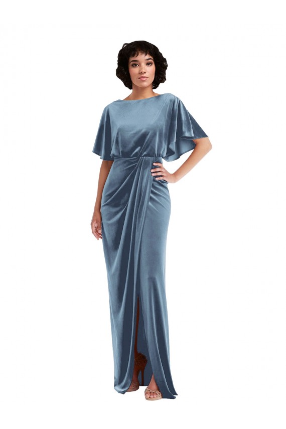 Discount Open Back Stretch Velvet Dusty Blue Long Maxi Evening Dress UK