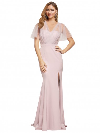 Discount V-Back One Shoulder Stretch Crepe & Tulle Mauve Long Evening Dress UK