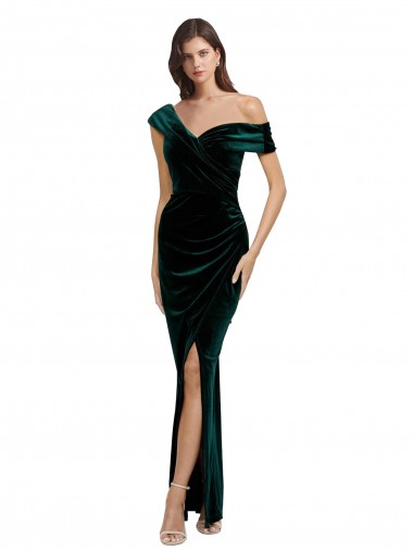 Discount Off the Shoulder Stretch Velvet Dark Green Long Evening Dress UK