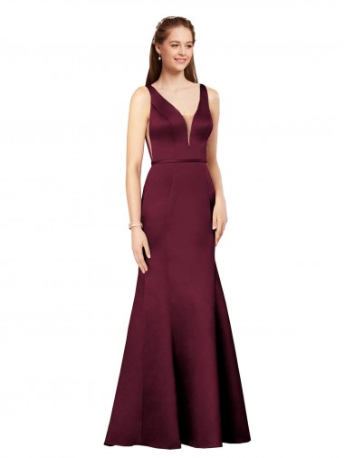 Discount V-Back V-Neck Satin Burgundy Long Evening Dress UK