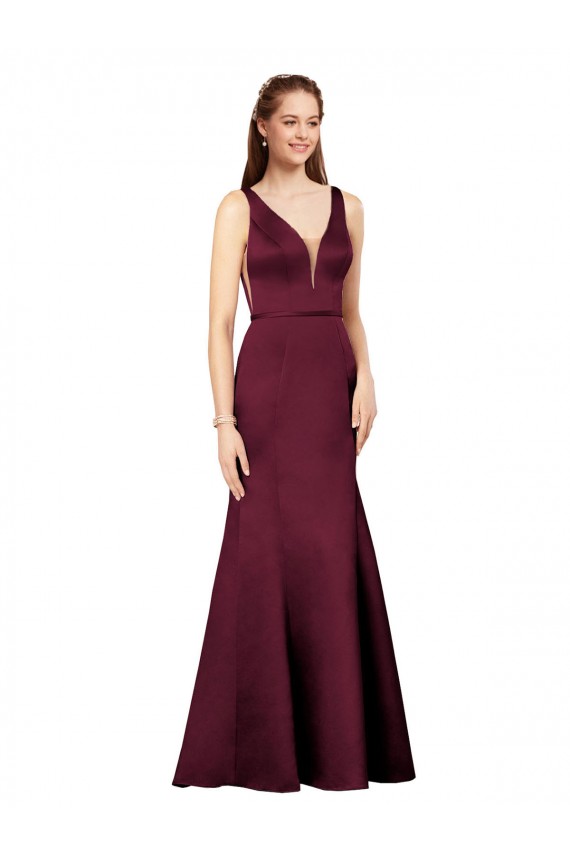 Discount V-Back V-Neck Satin Burgundy Long Evening Dress UK