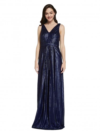Discount V-Back V-Neck Sequin Dark Navy Long Evening Dress UK