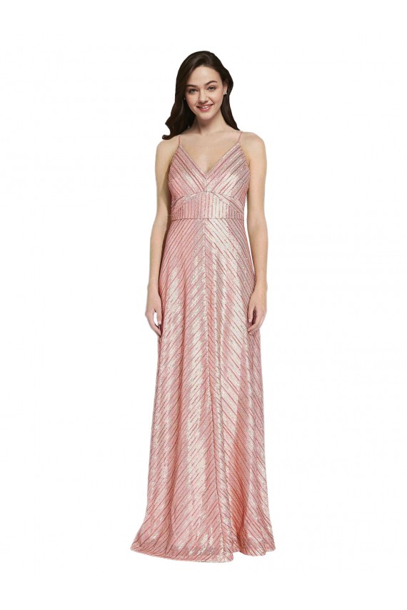 Discount Low Back V-Neck Sequin Rose Gold Long Evening Dress UK