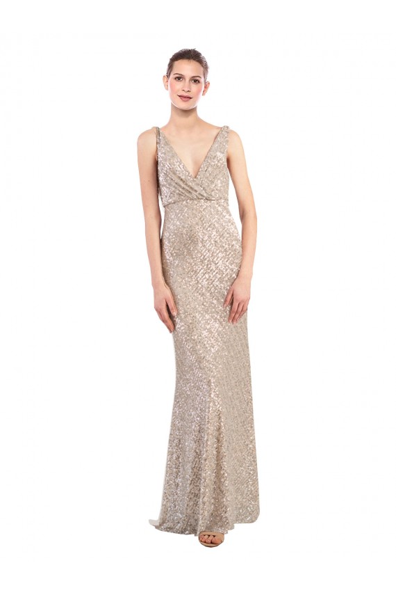 Discount V-Back V-Neck Sparkling Sequin Silver Long Evening Dress UK