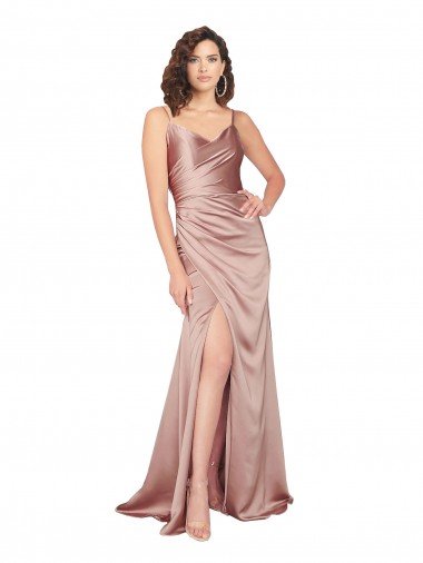 Discount V-Back V-Neck Silky Satin Dusty Pink Long Evening Dress UK