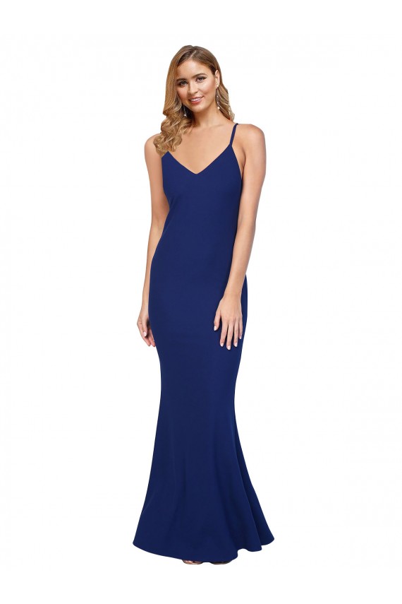 Discount Open Back V-Neck Stretch Crepe Royal Blue Long Evening Dress UK