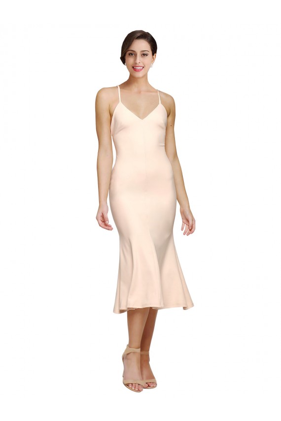 Discount Open Back V-Neck Stretch Crepe Nude Midi Length Evening Dress UK