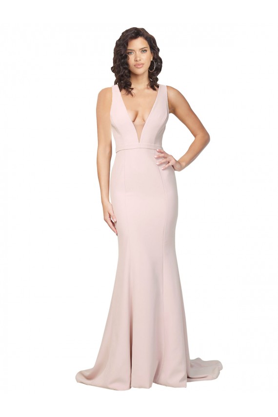 Discount V-Back V-Neck Stretch Crepe Pink Sweep Train Sexy Evening Dress UK
