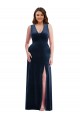 Discount V-Neck Stretch Velvet Dark Navy Long Maxi Evening Dress UK