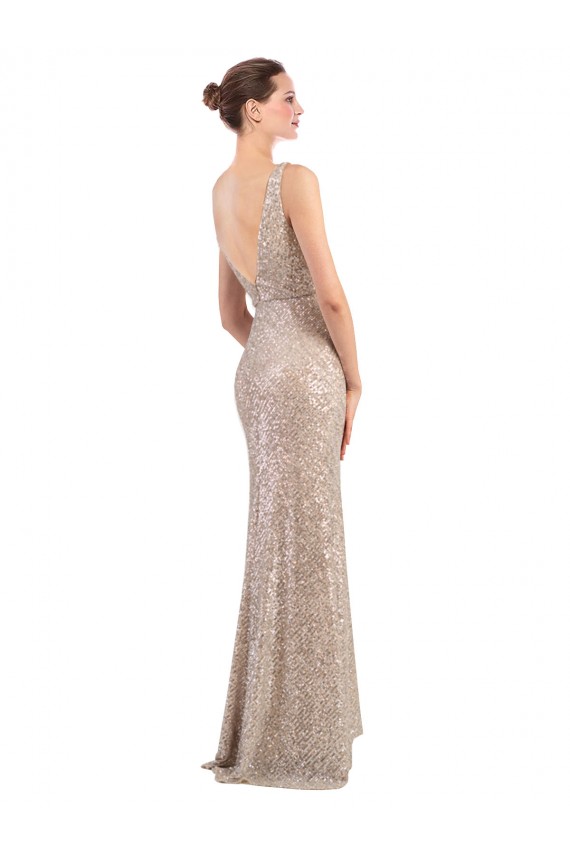 Discount V-Back V-Neck Sparkling Sequin Silver Long Evening Dress UK