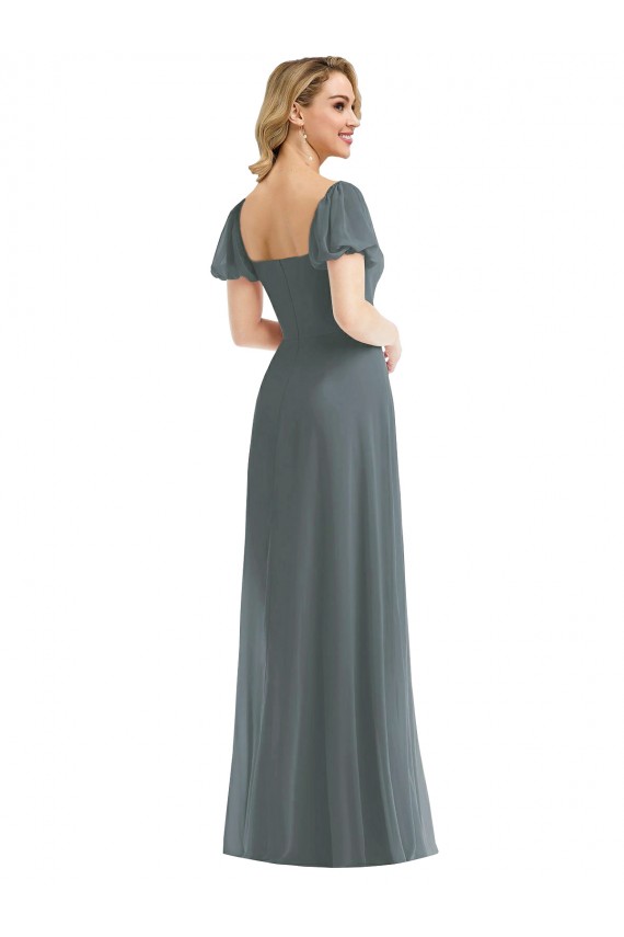 Discount Square Neck Soft Chiffon Slate Grey Long Maxi Evening Dress UK