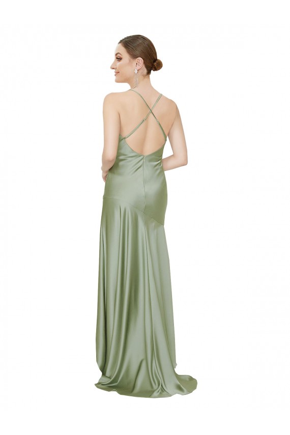 Discount Open Back Cowl Neck Silky Satin Smoke Green Long Evening Dress UK