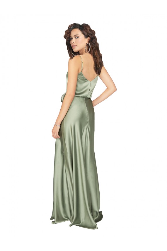 Discount V-Back V-Neck Silky Satin Smoke Green Long Evening Dress UK