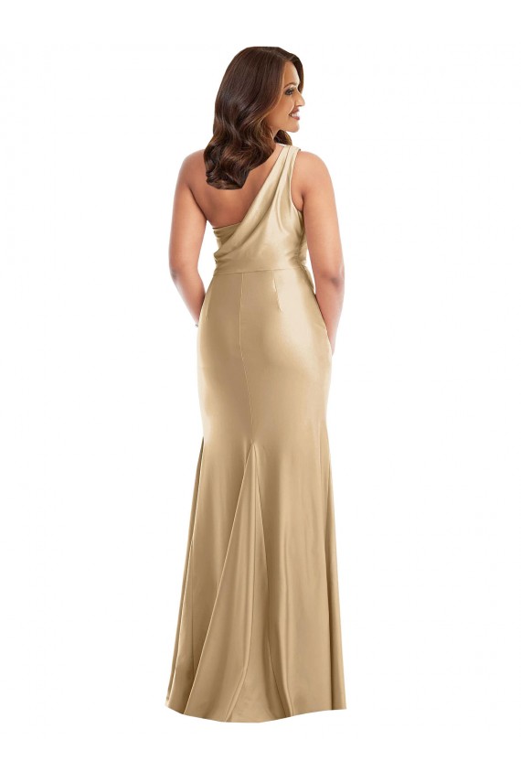 Discount One Shoulder Silky Satin Soft Gold Long Plus Size Evening Dress UK
