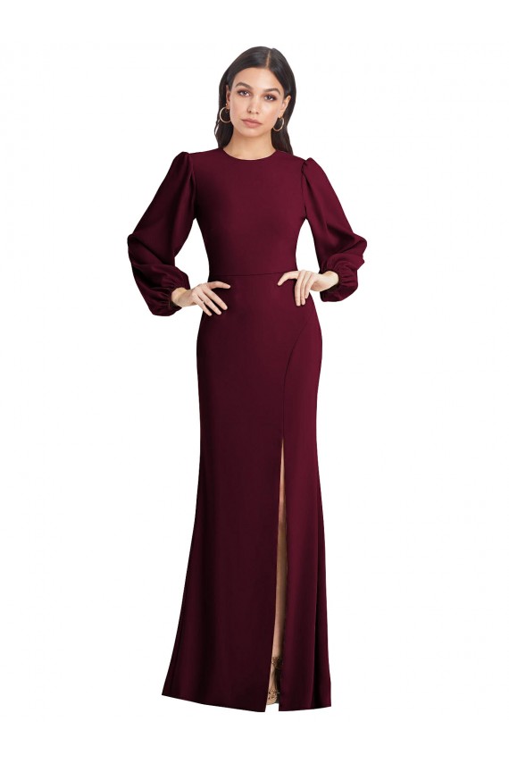 Discount Open Back Bateau Neck Stretch Crepe Burgundy Gold Long Evening Dress UK