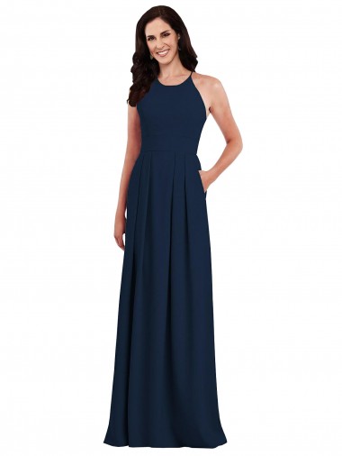 Discount Open Back Halter Neck Stretch Crepe Dark Navy Long Semi Formal Evening Dress UK