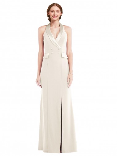 Discount Low Back Halter Neck Stretch Crepe Ivory Long Semi Formal Evening Dress UK