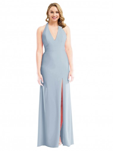 Discount Open Back Halter Neck Stretch Crepe Light Sky Blue Long Semi Formal Evening Gown UK