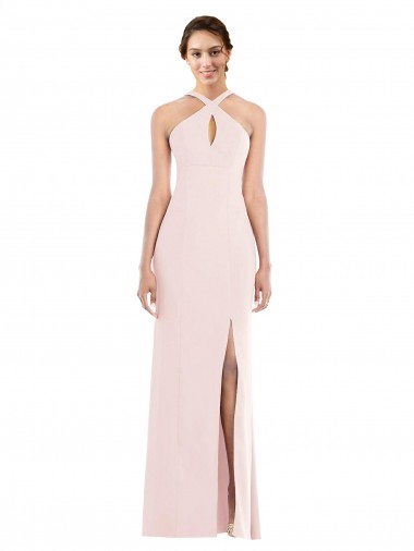 Discount Low Back Halter Neck Stretch Crepe Pink Long Evening Dress UK