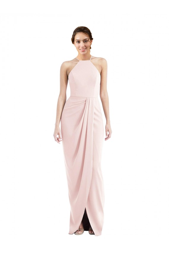 Discount Halter Neck Stretch Crepe Pink Long Maxi Wedding Party Dress UK