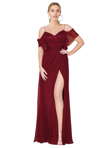 Discount V-Back Off the Shoulder Soft Chiffon Burgundy Long Evening Dress UK