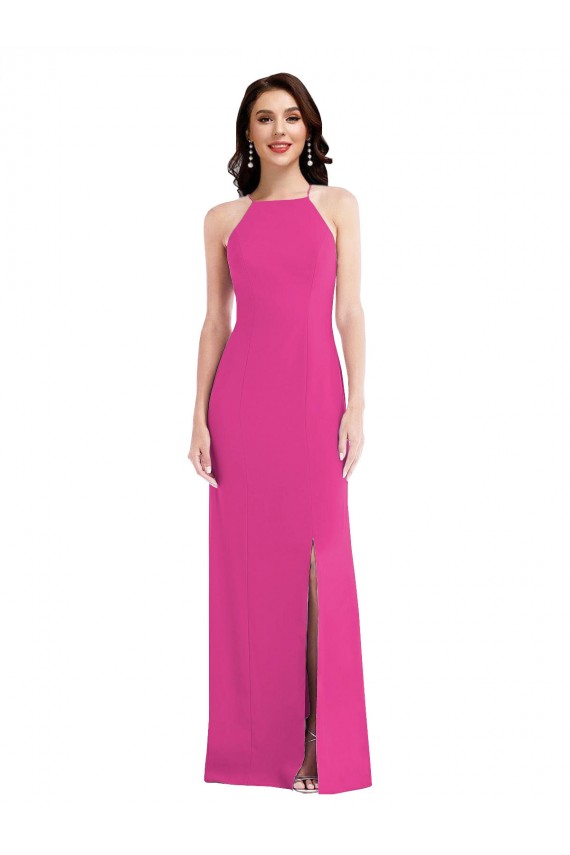 Discount Open Back Halter Neck Stretch Crepe Fuchsia Long Maxi Evening Dress UK