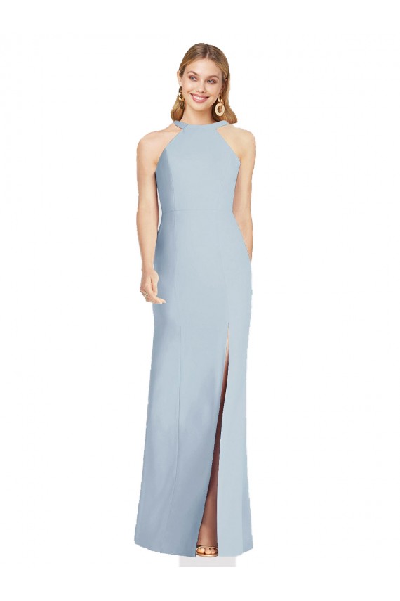Discount Open Back Halter Neck Stretch Crepe Light Sky Blue Long Sexy Evening Dress UK