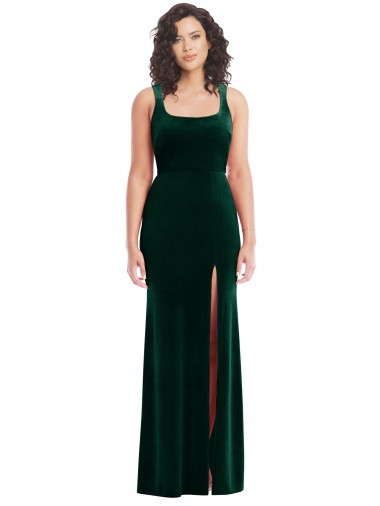 Discount Square Neck Stretch Velvet Dark Green Long Maxi Evening Dress UK