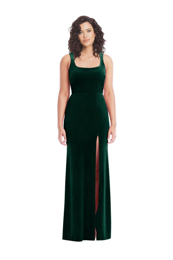 Discount Square Neck Stretch Velvet Dark Green Long Maxi Evening Dress UK