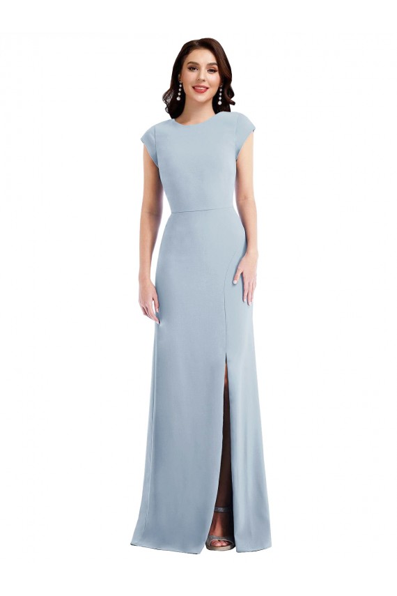 Discount Open Back Stretch Crepe Light Sky Blue Long Maxi Evening Dress UK