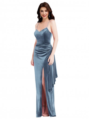 Discount Low Back Spaghetti Straps Stretch Velvet Dusty Blue Long Evening Maxi Dress UK