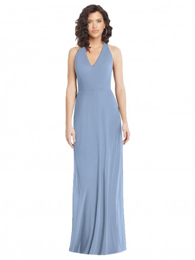 Discount Open Back Halter Neck Luxe Chiffon Dusty Blue Long Evening Dress UK