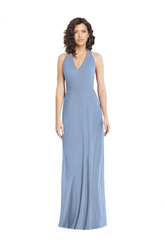Discount Open Back Halter Neck Luxe Chiffon Dusty Blue Long Evening Dress UK
