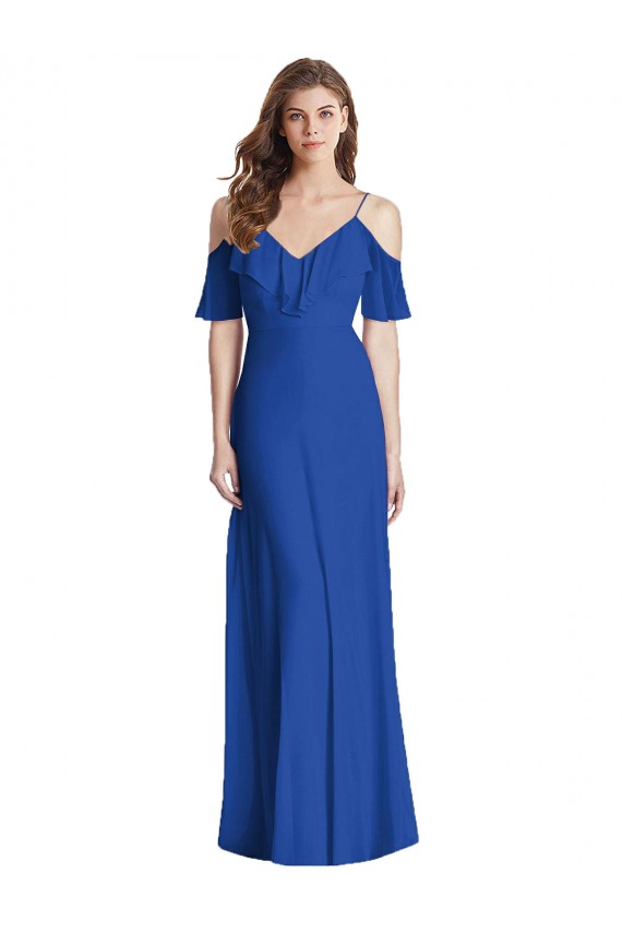 Discount V-Back Spaghetti Straps Soft Chiffon Royal Blue Long Maxi Evening Dress UK