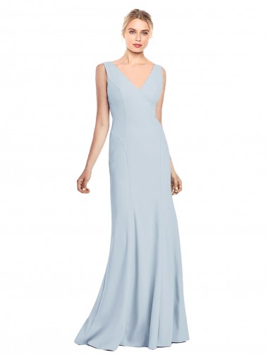 Discount Low Back V-Neck Stretch Crepe Light Sky Blue Long Semi Formal Bridal Party Dress UK