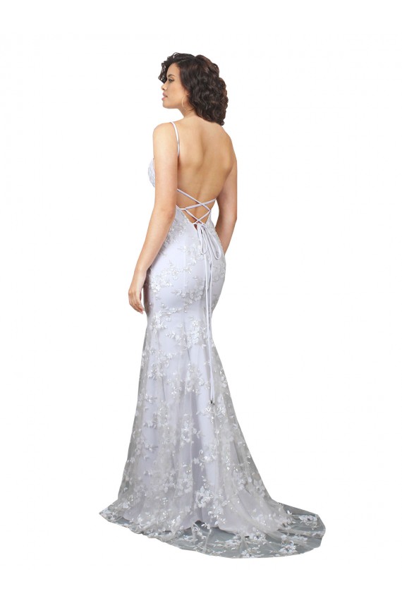 Discount Open Back V-Neck Stretch Crepe & Sequin Tulle White Long Evening Dress UK